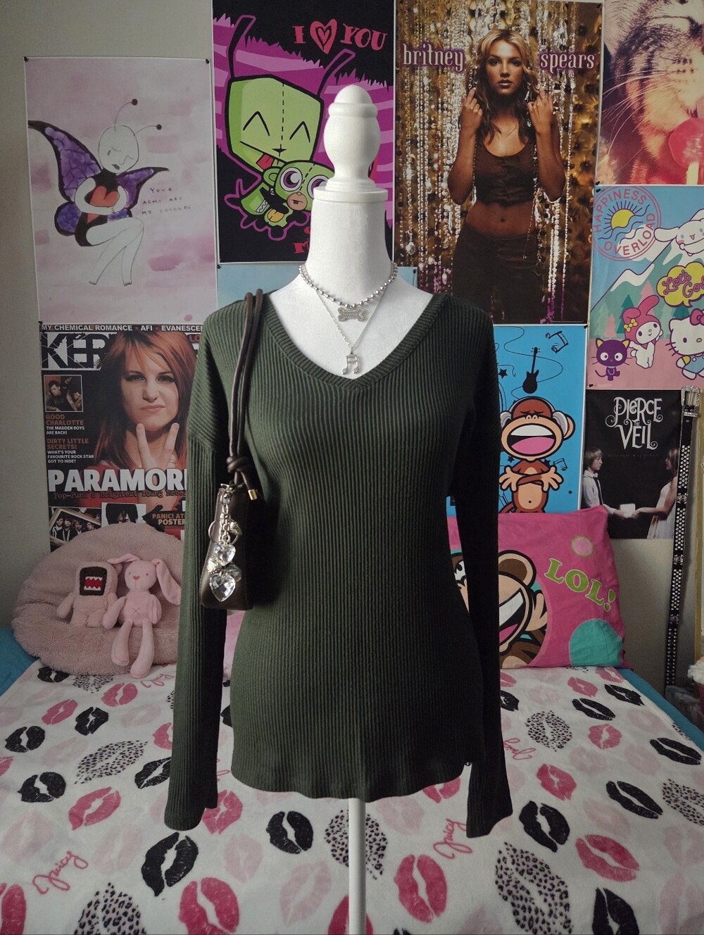2000s Dark Green Long Sleeve Top